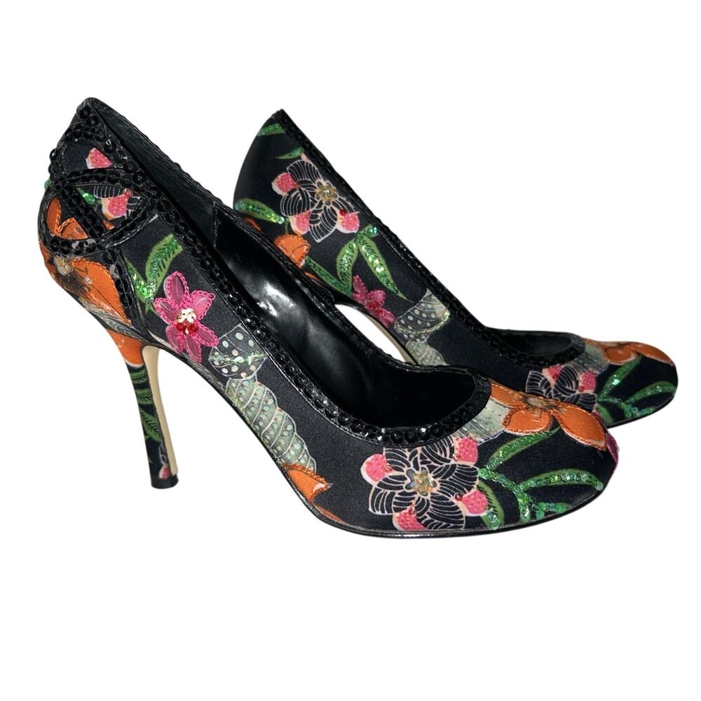 JLO Jennifer Lopez Pumps Black Multi Colored Floral Accent Sequins Stiletto 7.5